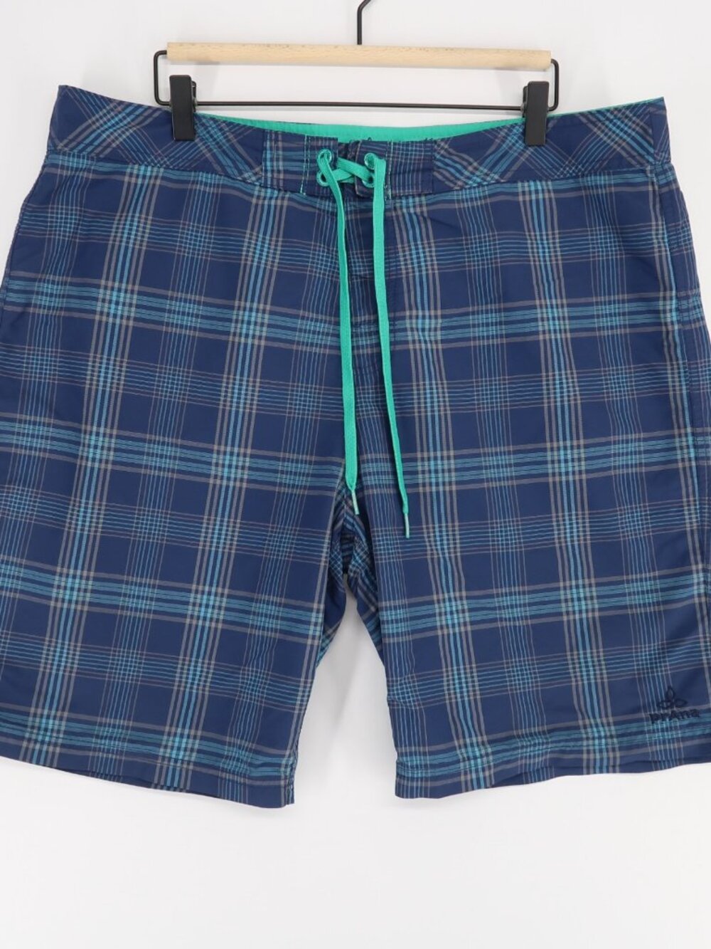 Prana Board Shorts Mens 38 Blue Plaid Swim Trunks Drawstring UPF 50 Pocket Nylon